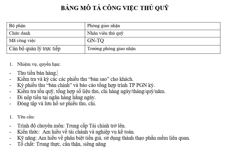 Bảng mô tả công việc của nhân viên thủ quỹ