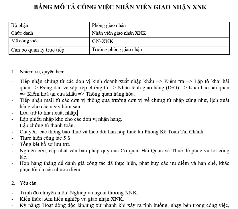 Bảng mô tả công việc của nhân viên giao nhận XNK