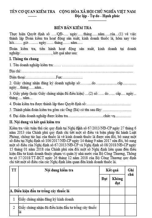 Mẫu biên bản kiểm tra hoạt động sản xuất, kinh doanh thuốc lá