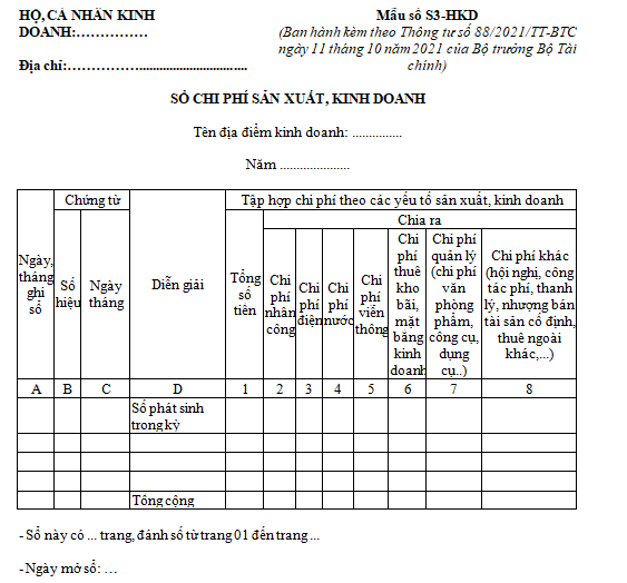 Mẫu số S3-HKD: Sổ chi phí sản xuất, kinh doanh