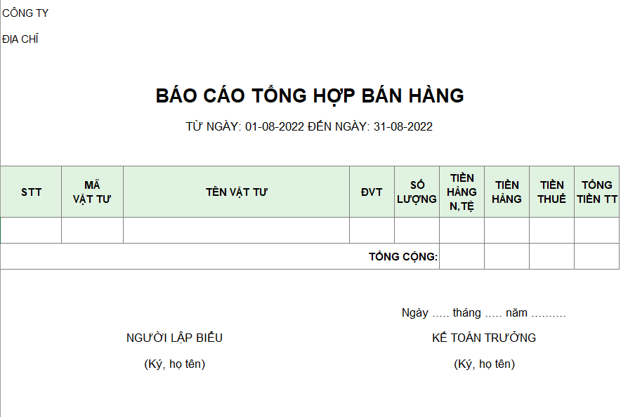 Mẫu báo cáo tổng hợp bán hàng ( không giá vốn, không chiết khấu ) ( NGOẠI TỆ )