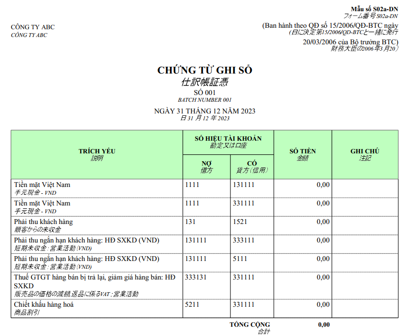 Mẫu chứng từ ghi sổ ngoại tệ ( SONG NGỮ - TIẾNG NHẬT )
