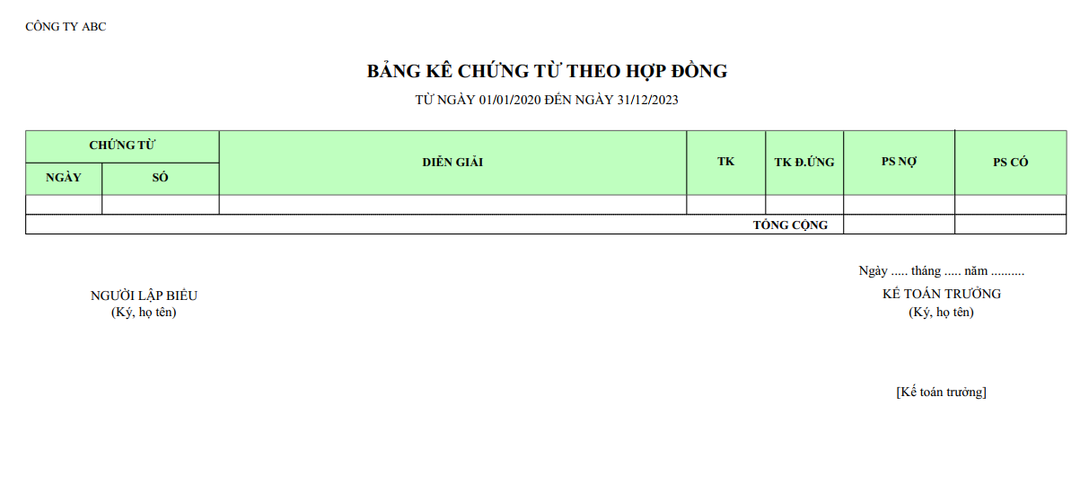 Mẫu bảng kê chứng từ theo hợp đồng