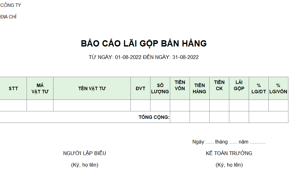 Báo cáo lãi gộp bán hàng