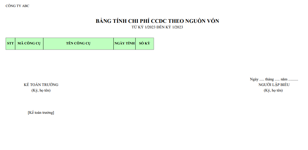 Mẫu bảng tính chi phí CCDC theo nguồn vốn