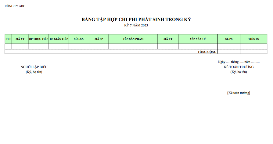 Mẫu bảng tập hợp chi phí phát sinh trong kỳ ( NGOẠI TỆ )