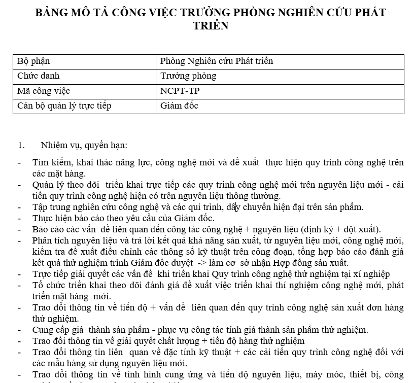 Bảng mô tả công việc của trưởng phòng