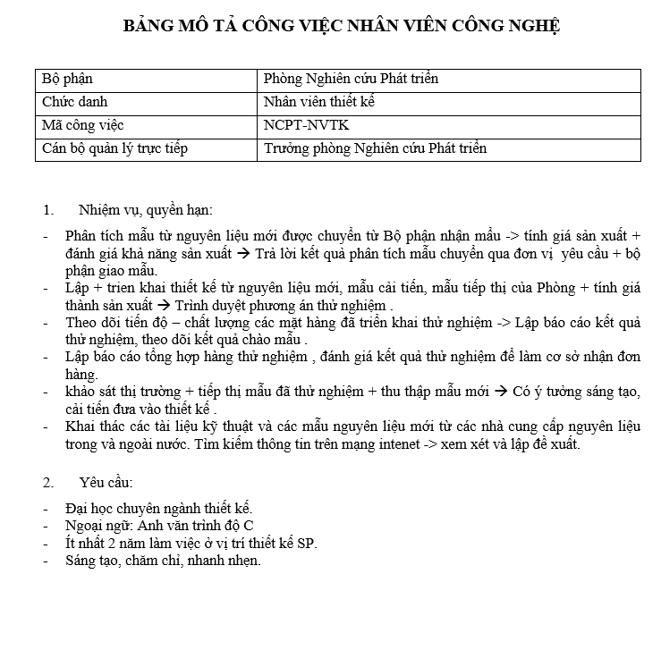 Bảng mô tả công việc nhân viên công nghệ