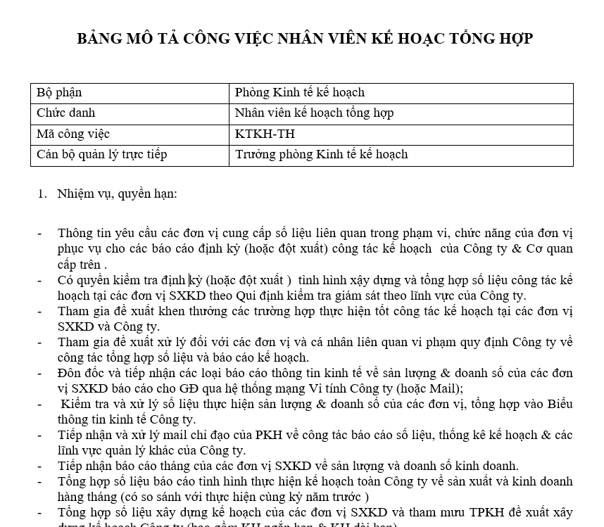 Bảng mô tả công việc của nhân viên kế hoạch tổng hợp