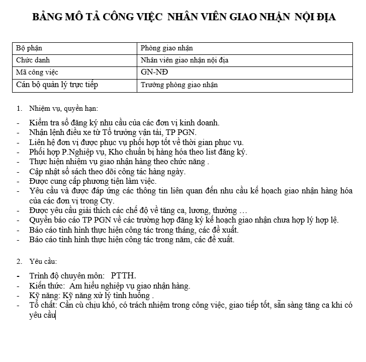 Bảng mô tả công việc của nhân viên giao nhận nội địa