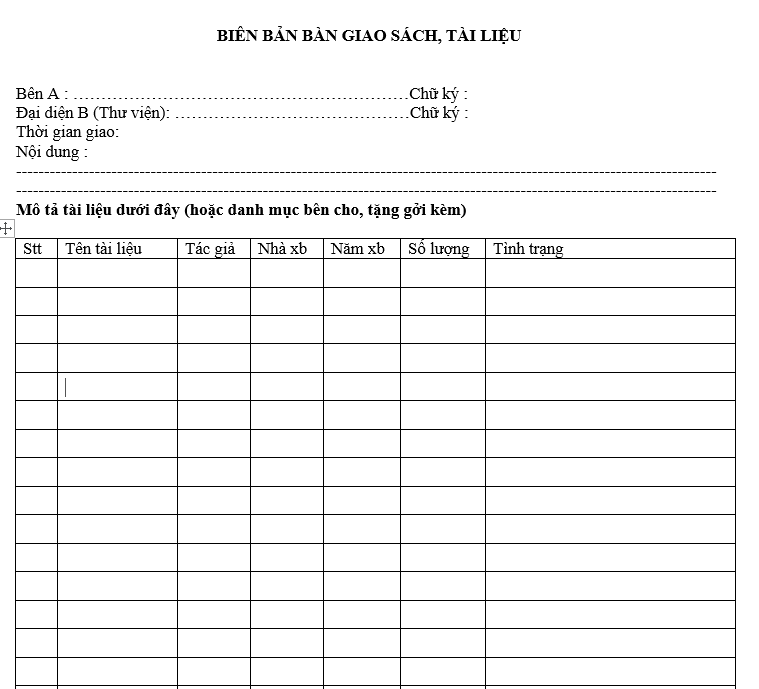 Quy trình quản lý thư viện - Biên bản bàn giao sách tài liệu