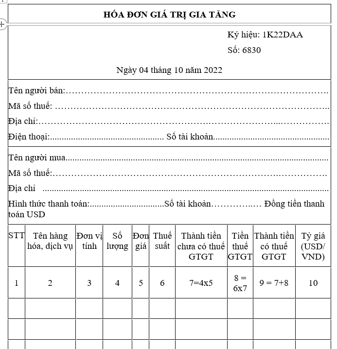 Mẫu hóa đơn điện tử GTGT dùng cho một số tổ chức, doanh nghiệp đặc thù thu bằng ngoại tệ