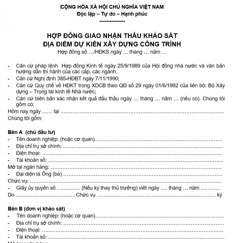 Mẫu hợp đồng kinh tế - Hợp đồng giao nhận thầu khảo sát địa điểm dự kiến xây dựng công trình