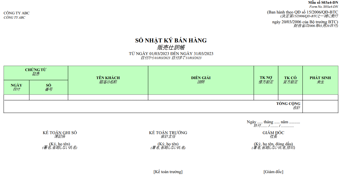 Mẫu sổ nhật ký bán hàng (SONG NGỮ - TIẾNG NHẬT )