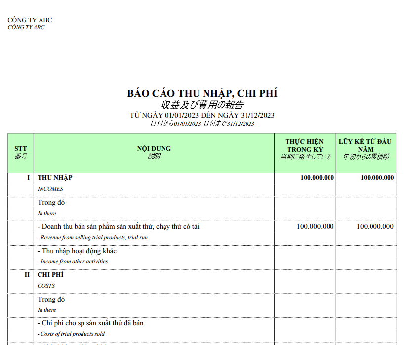 Mẫu báo cáo thu nhập, chi phí ( SONG NGỮ - TIẾNG NHẬT )
