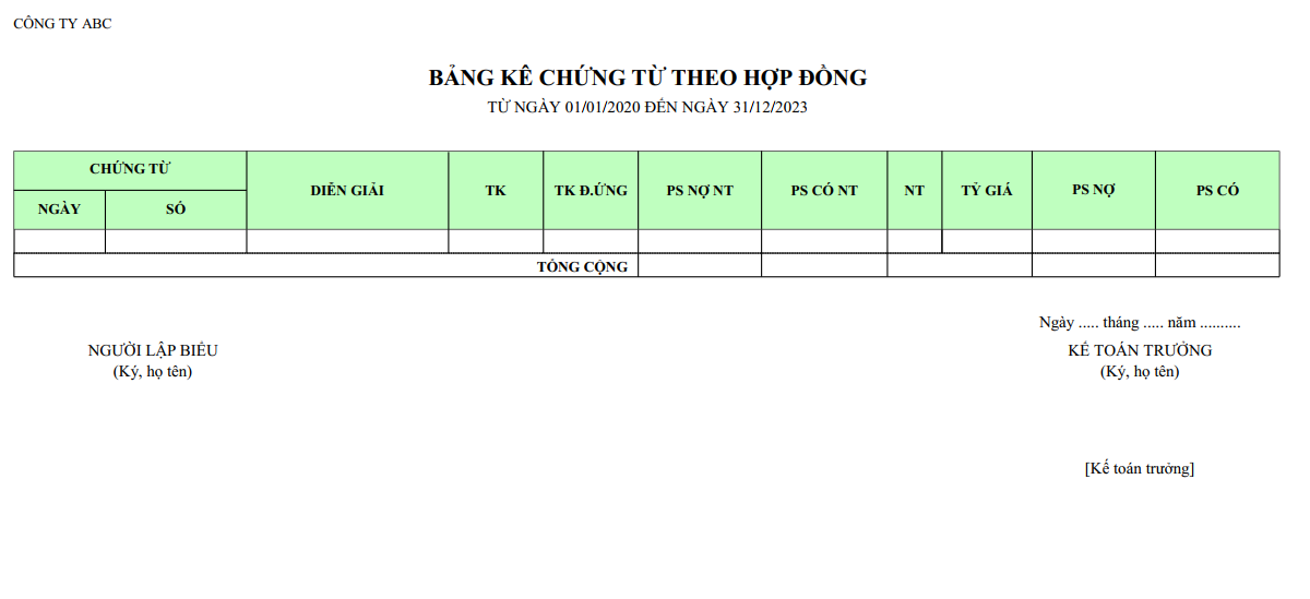 Mẫu bảng kê chứng từ theo hợp đồng ( Ngoại tệ )