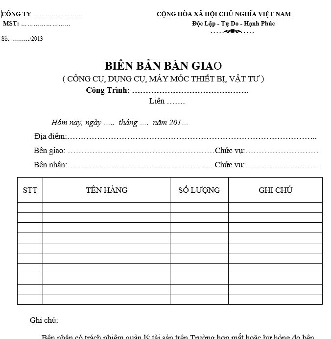 Mẫu biên bản bàn giao công cụ, dụng cụ, máy móc thiết bị
