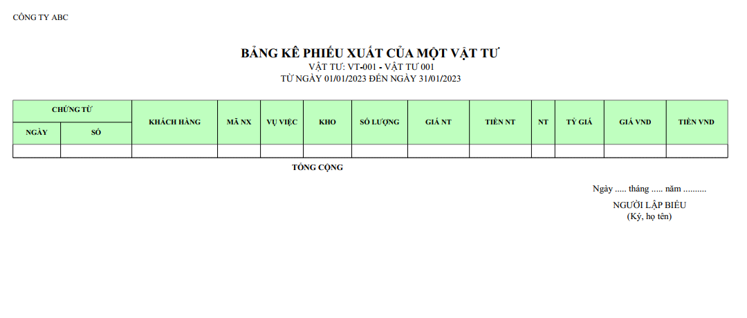 Mẫu bảng kê phiếu xuất của một vật tư ( Số lượng và giá trị ) NGOẠI TỆ