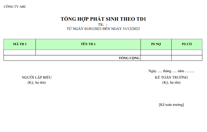 Mẫu tổng hợp phát sinh theo các trường tự do