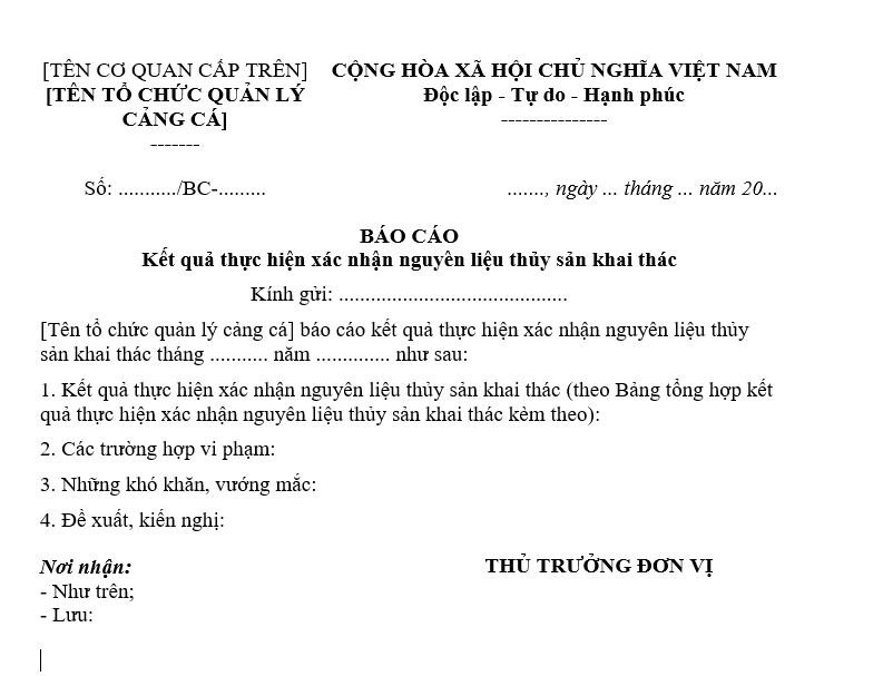 Mẫu báo cáo kết quả xác nhận nguyên liệu thủy sản khai thác