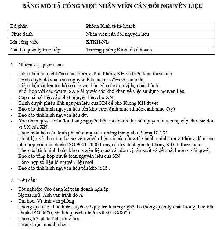 Bảng mô tả công việc nhân viên cân đối nguyên liệu
