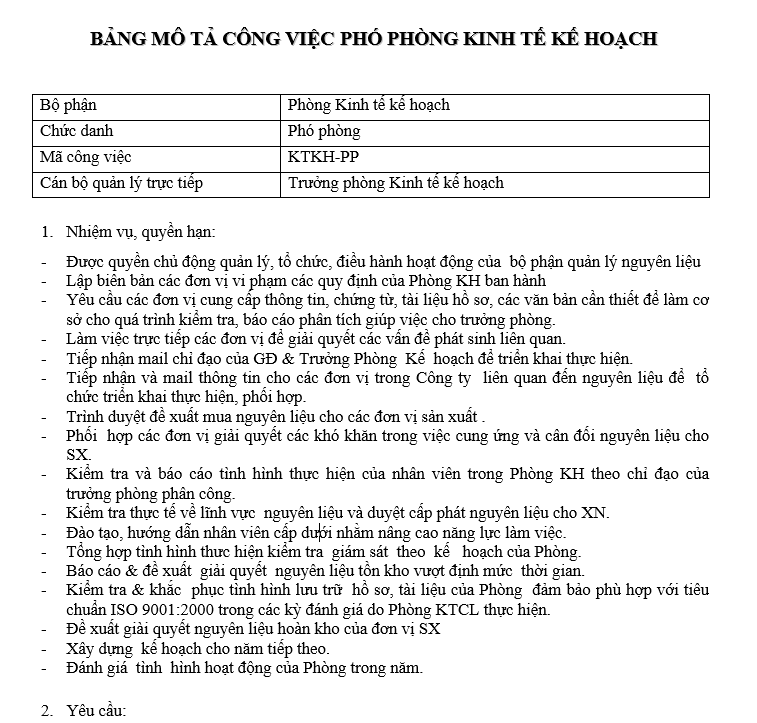 Bảng mô tả công việc của nhân viên phó phòng kinh tế kế hoạch