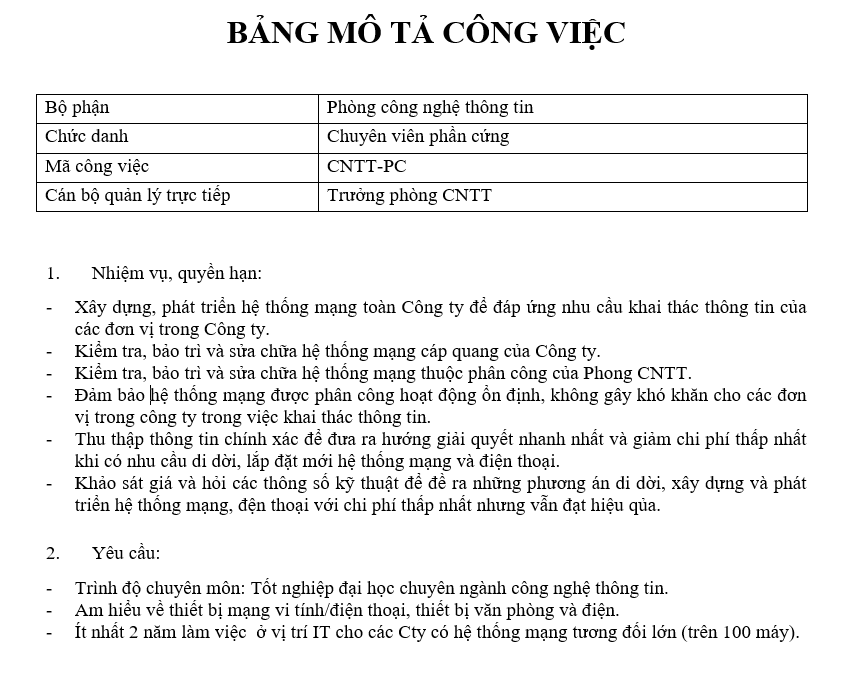 Bảng mô tả công việc của nhân viên phần cứng