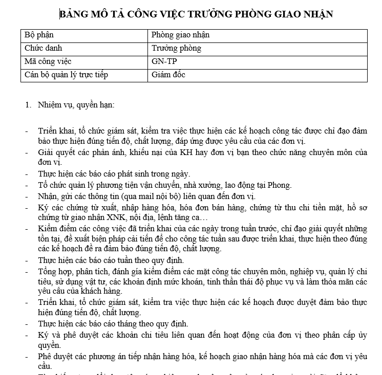 Bảng mô tả công việc của trưởng phòng giao nhận