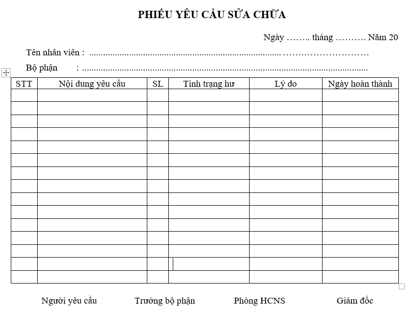 Quy định quản lý tài sản - Phiếu yêu cầu sửa chữa