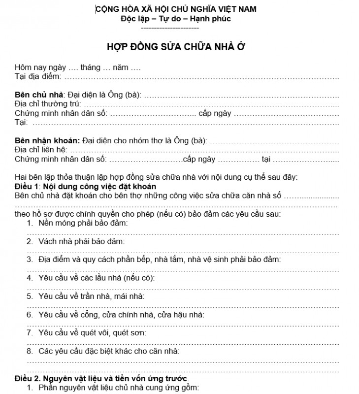 Mẫu hợp đồng kinh tế - Hợp đồng sửa chữa nhà ở