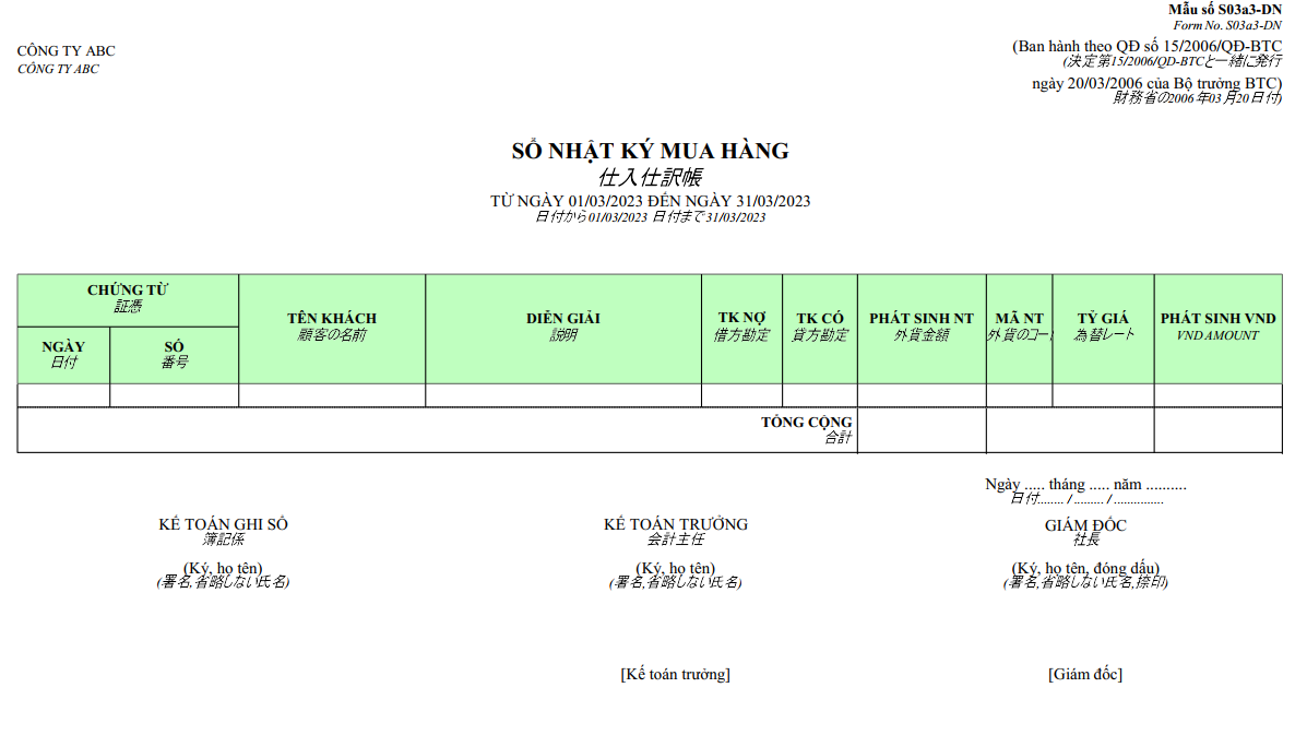 Mẫu sổ nhật ký bán hàng ngoại tệ (SONG NGỮ - TIẾNG NHẬT )