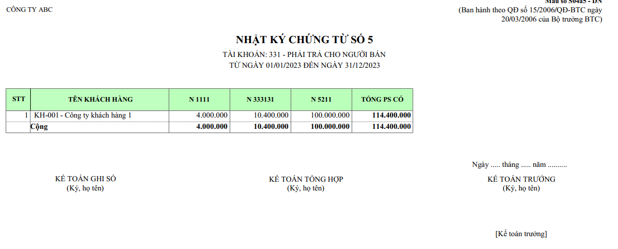Mẫu nhật ký chứng từ số 5 - Công nợ phải trả