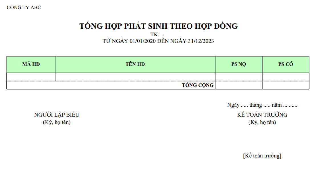Mẫu tổng hợp phát sinh theo hợp đồng
