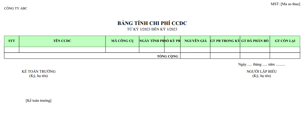 Mẫu bảng tính chi phí CCDC