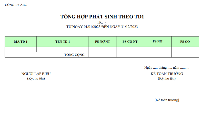 Mẫu tổng hợp phát sinh theo các trường tự do ( NGOẠI TỆ )