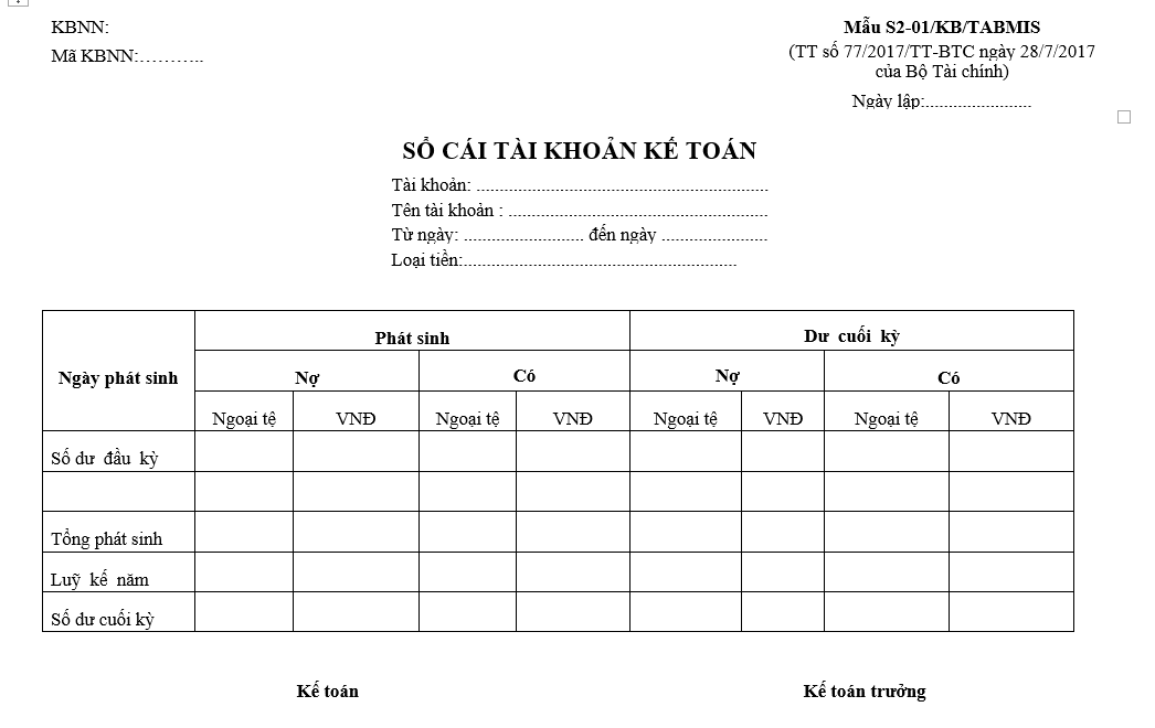 Mẫu S2-01/KB/TABMIS sổ cái tài khoản kế toán