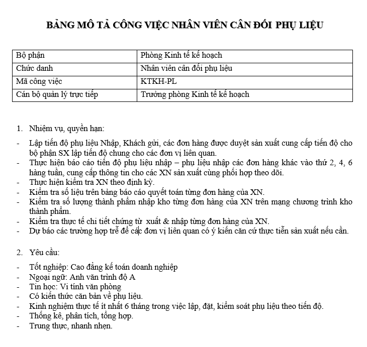 Bảng mô tả công việc nhân viên cân đối phụ liệu