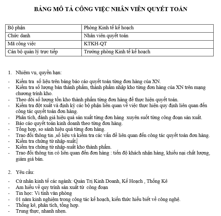 Bảng mô tả công việc của nhân viên cân quyết toán