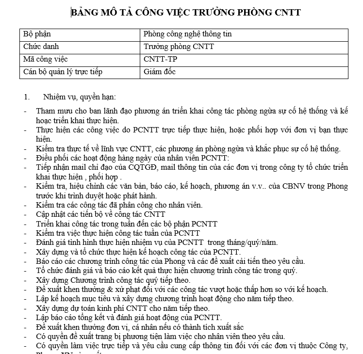 Bảng mô tả công việc của nhân viên trưởng phòng CNTT
