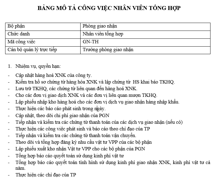 Bảng mô tả công việc của nhân viên tổng hợp