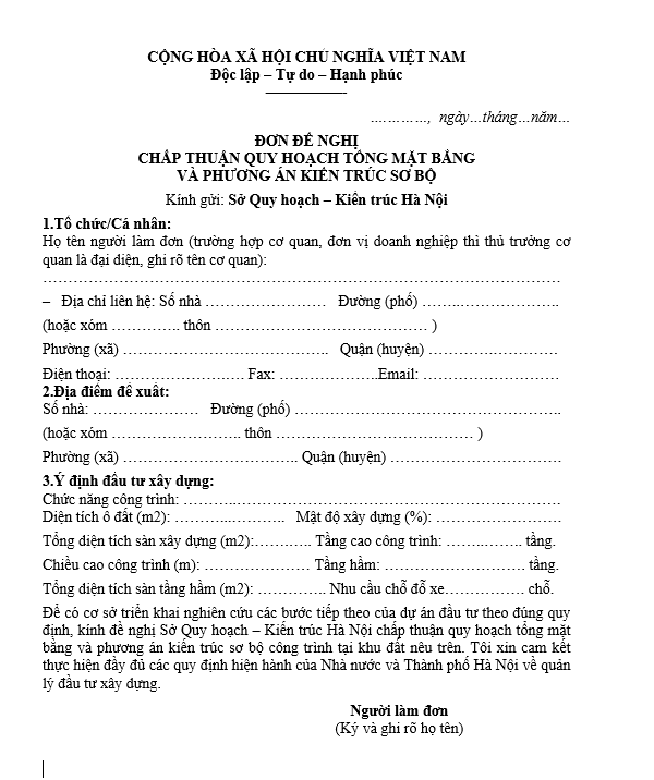Mẫu đơn đề nghị chấp thuận quy hoạch tổng mặt bằng và phương án kiến trúc sơ bộ