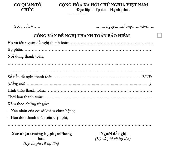 Mẫu công văn đề nghị thanh toán bảo hiểm