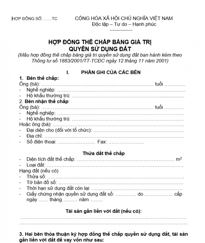 Mẫu hợp đồng kinh tế - Hợp đồng thế chấp bằng giá trị quyền sử dụng đất