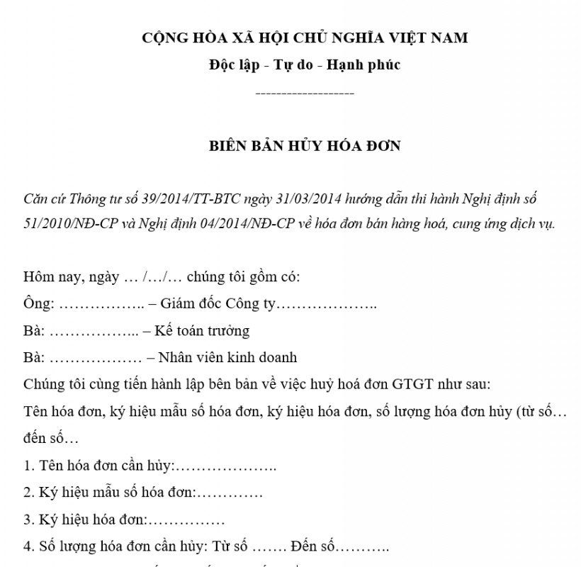 Mẫu Biên bản hủy hóa đơn GTGT mới nhất theo Thông tư 39
