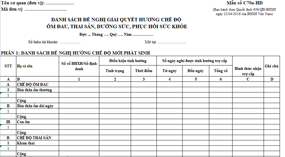 Mẫu C70a-HD - Danh sách đề nghị giải quyết hưởng chế độ ốm đau, thai sản, dưỡng sức, phục hồi sức khỏe
