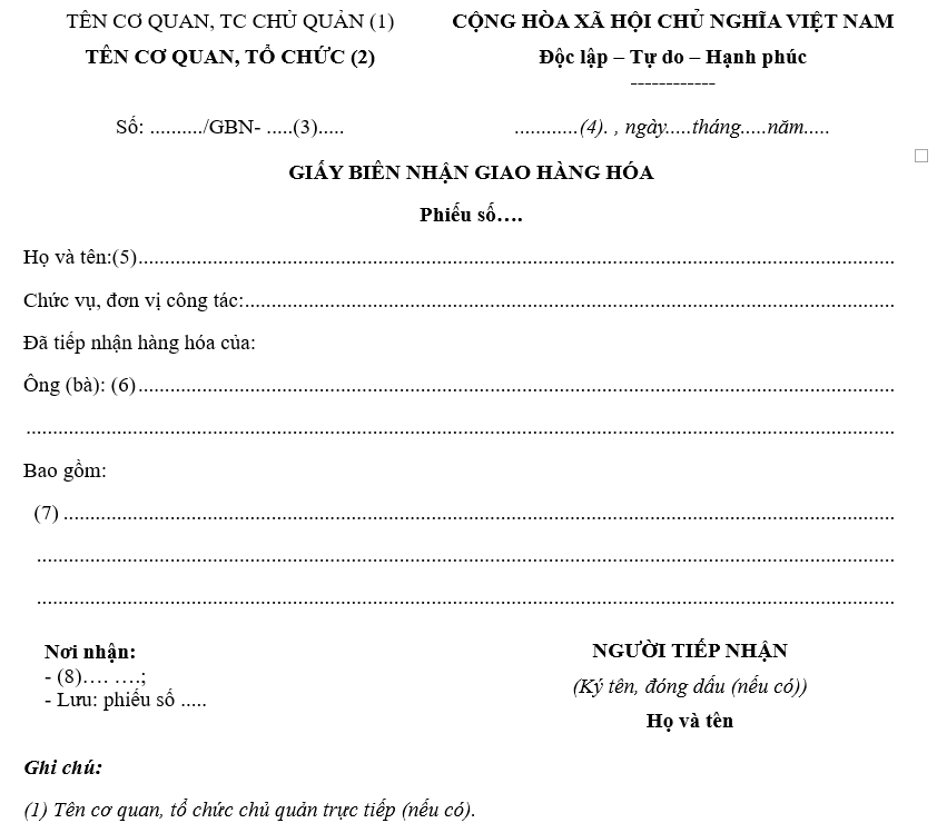 Mẫu giấy biên nhận giao hàng hóa