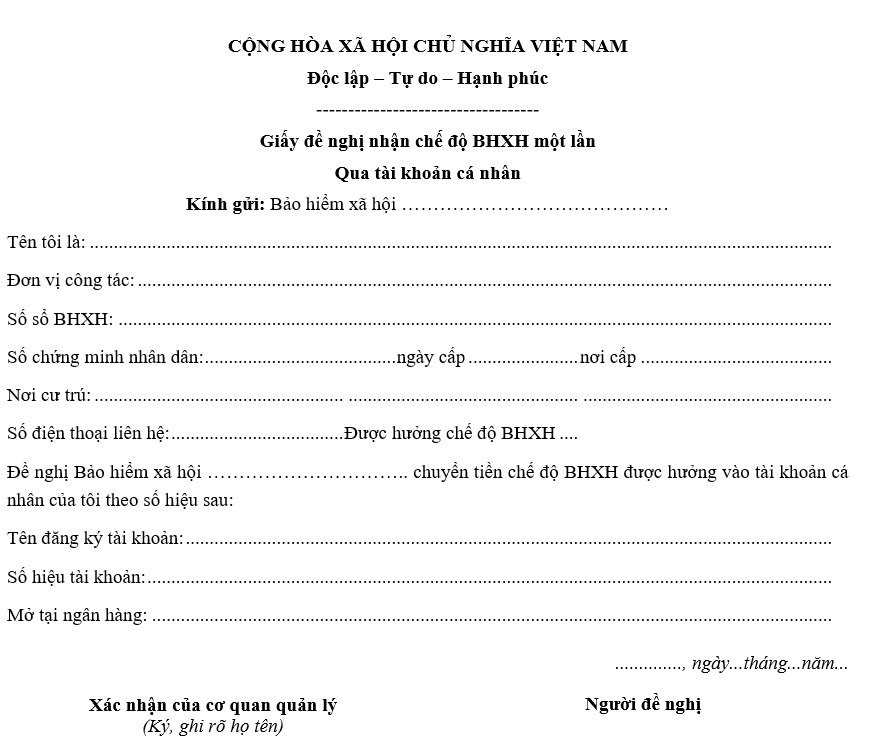 Mẫu giấy đề nghị nhận chế độ BHXH một lần qua tài khoản cá nhân