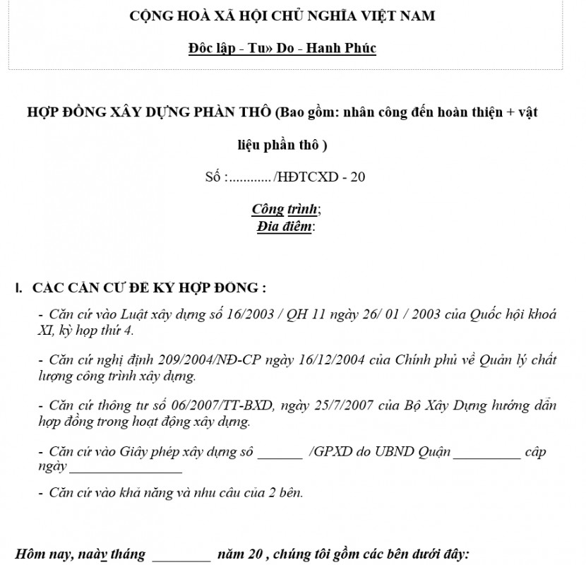 Hợp đồng xây dựng phần thô