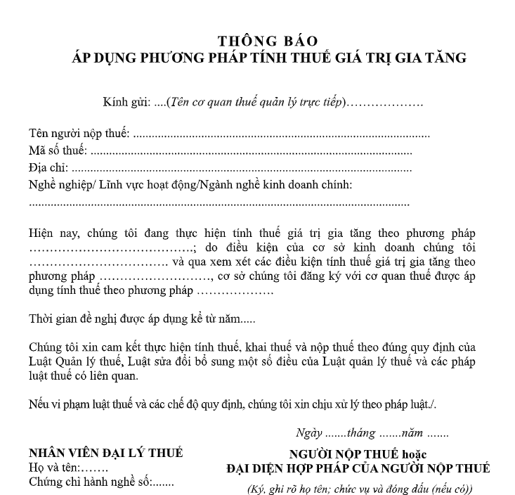Mẫu số 06/GTGT: Đăng ký áp dụng phương pháp tính thuế