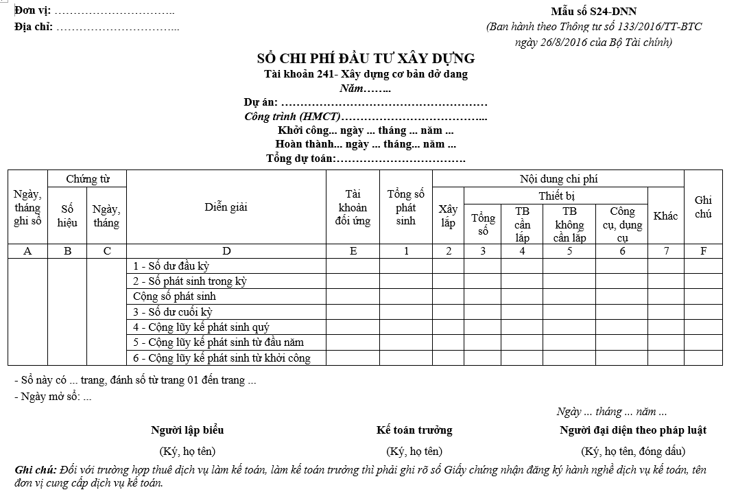 Mẫu Sổ chi phí đầu tư xây dựng theo TT133/2016/TT-BTC